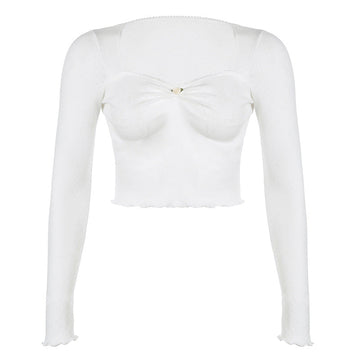 2024 French Pure Desire Square Collar Flower Pleated Blouse Women's Autumn Sweet And Spicy Navel Short Slim Long-Sleeved T-Shirt